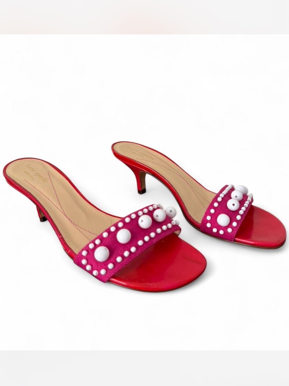Kate Spade New York Pink & Red Leather Kitten Heel with Pearl Embellishments